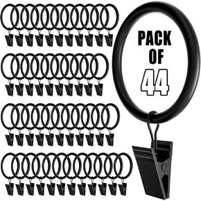 24 Pack Black Curtain Rings with Clips, Curtain Hooks for Hanging, Heavy Duty Drapery Rings, Polish Rustproof Curtain Clips Hangers for Drapes, 1.26" Interior Diameter, Fits up to 1" Rods