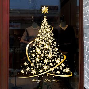 Golden Christmas Tree Window Clings Stickers for Glass, Large DIY Static Wall Window Door Mural Showcase Decal Sticker (1 Pack)