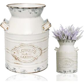 LISM Vintage Metal Flower Vase, Metal Galvanized Milk Can White Farmhouse Vase Decor with Handle for Home Decoration，7.5 inch H in Saudi Arabia