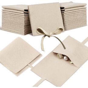 40 Pcs Microfiber Jewelry Pouch 8x8 cm Jewelry Packaging Bag Luxury Small Jewelry Gift Bags Bow Tie Microfiber Bag for Bracelet Necklace Packaging, Envelope Style with String and Divider (Beige) in Kuwait