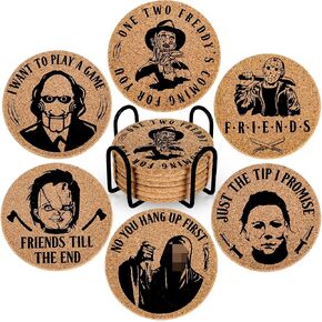AnyDesign 6Pcs Halloween Cork Coasters with Holder Horror Movie Character Cork Round Farmhouse Coasters Heat-Resistant Cup Mats for House Kitchen Supplies Halloween Party Decoration in Saudi Arabia