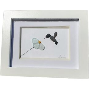 Authentic Sea Glass flower with pebble hummingbird art. Mini desk art hummingbird pebble art unique gift Sea glass art! Small white frame protected with glass. White frame with glass. in Saudi Arabia