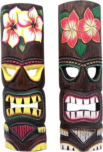 Hand Crafted Hawaiian Style Floral Tiki Masks, Wall Décor, Set of 2 Assorted Designs, Approximately19 Inches in Saudi Arabia