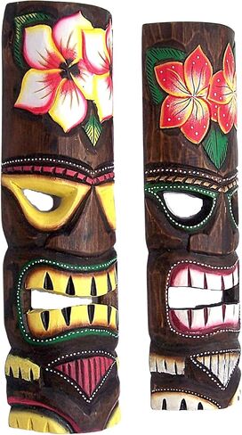 Hand Crafted Hawaiian Style Floral Tiki Masks, Wall Décor, Set of 2 Assorted Designs, Approximately19 Inches in Saudi Arabia