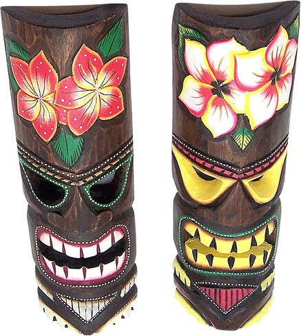 Hand Crafted Hawaiian Style Floral Tiki Masks, Wall Décor, Set of 2 Assorted Designs, Approximately19 Inches in Saudi Arabia