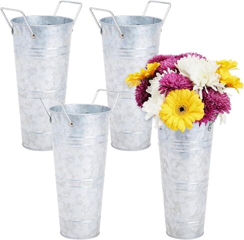 4 Pack 10 Inch Galvanized Flower Buckets with Handles for Rustic-Style Farmhouse Decor, Metal Vases for Planter, Centerpieces, Floral Wedding Arrangements in Saudi Arabia