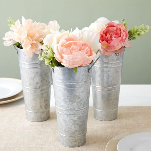 4 Pack 10 Inch Galvanized Flower Buckets with Handles for Rustic-Style Farmhouse Decor, Metal Vases for Planter, Centerpieces, Floral Wedding Arrangements in Saudi Arabia