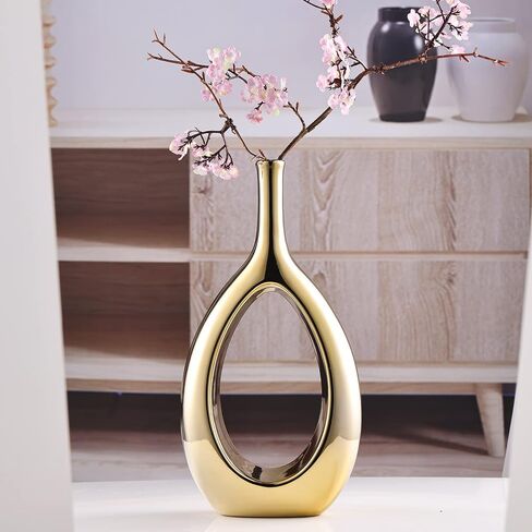 Orange and Gold Vase Ceramic Orange Vases Home Decor,Modern Minimalist Circle with Hole Decorative Vase, Hollow Ellipse Flower vases for Bookshelf, Fireplace Mantle,Centerpieces,Farmhouse,Rustic Décor in Kuwait