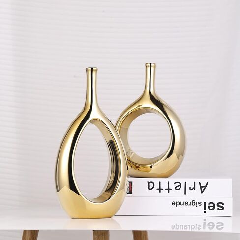 Orange and Gold Vase Ceramic Orange Vases Home Decor,Modern Minimalist Circle with Hole Decorative Vase, Hollow Ellipse Flower vases for Bookshelf, Fireplace Mantle,Centerpieces,Farmhouse,Rustic Décor in Kuwait