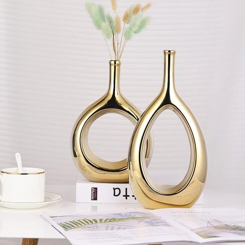 Orange and Gold Vase Ceramic Orange Vases Home Decor,Modern Minimalist Circle with Hole Decorative Vase, Hollow Ellipse Flower vases for Bookshelf, Fireplace Mantle,Centerpieces,Farmhouse,Rustic Décor in Kuwait