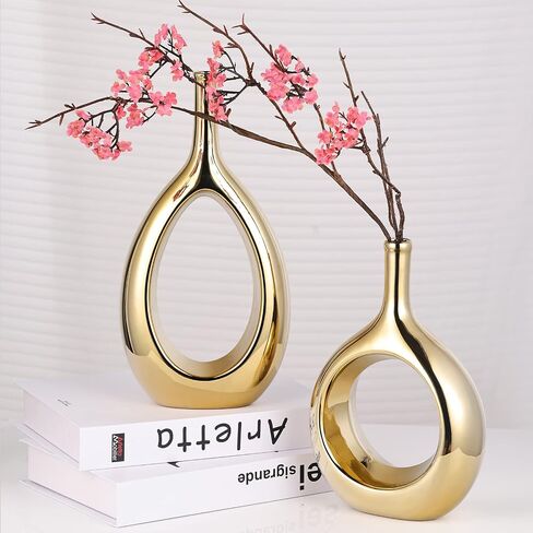 Orange and Gold Vase Ceramic Orange Vases Home Decor,Modern Minimalist Circle with Hole Decorative Vase, Hollow Ellipse Flower vases for Bookshelf, Fireplace Mantle,Centerpieces,Farmhouse,Rustic Décor in Kuwait