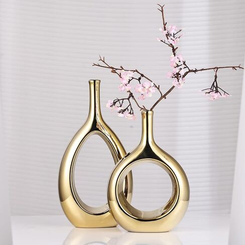 Orange and Gold Vase Ceramic Orange Vases Home Decor,Modern Minimalist Circle with Hole Decorative Vase, Hollow Ellipse Flower vases for Bookshelf, Fireplace Mantle,Centerpieces,Farmhouse,Rustic Décor in Kuwait