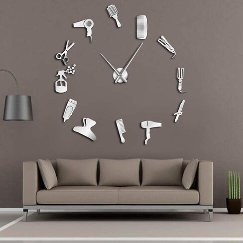 ساعة حائط عملاقة من The Geeky Days DIY Barber Shop مع تأثير المرآة، أدوات الحلاق المزخرفة بدون إطار، ساعة تصفيف الشعر، لوحة فنية جدارية (فضية) in Kuwait