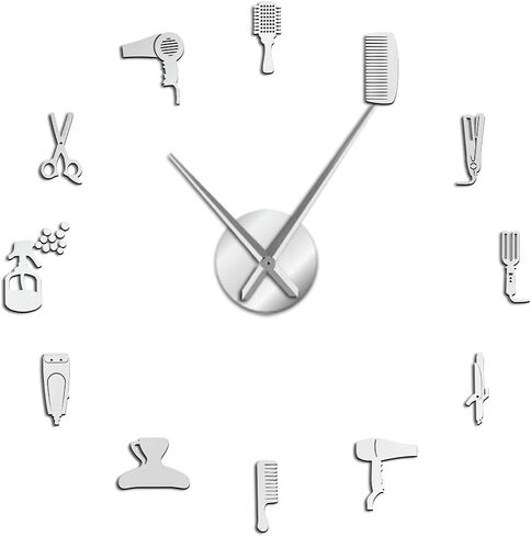 ساعة حائط عملاقة من The Geeky Days DIY Barber Shop مع تأثير المرآة، أدوات الحلاق المزخرفة بدون إطار، ساعة تصفيف الشعر، لوحة فنية جدارية (فضية) in Kuwait