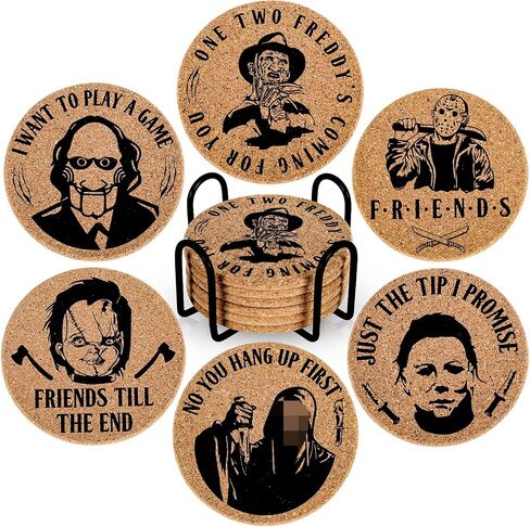 AnyDesign 6Pcs Halloween Cork Coasters with Holder Horror Movie Character Cork Round Farmhouse Coasters Heat-Resistant Cup Mats for House Kitchen Supplies Halloween Party Decoration in Saudi Arabia