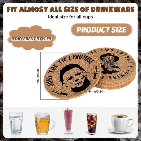 AnyDesign 6Pcs Halloween Cork Coasters with Holder Horror Movie Character Cork Round Farmhouse Coasters Heat-Resistant Cup Mats for House Kitchen Supplies Halloween Party Decoration in Saudi Arabia