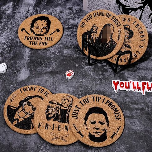 AnyDesign 6Pcs Halloween Cork Coasters with Holder Horror Movie Character Cork Round Farmhouse Coasters Heat-Resistant Cup Mats for House Kitchen Supplies Halloween Party Decoration in Saudi Arabia