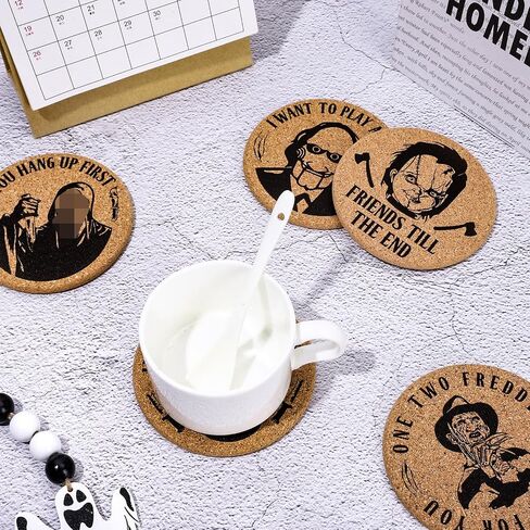 AnyDesign 6Pcs Halloween Cork Coasters with Holder Horror Movie Character Cork Round Farmhouse Coasters Heat-Resistant Cup Mats for House Kitchen Supplies Halloween Party Decoration in Saudi Arabia