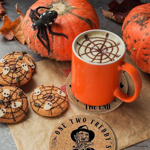 AnyDesign 6Pcs Halloween Cork Coasters with Holder Horror Movie Character Cork Round Farmhouse Coasters Heat-Resistant Cup Mats for House Kitchen Supplies Halloween Party Decoration in Saudi Arabia
