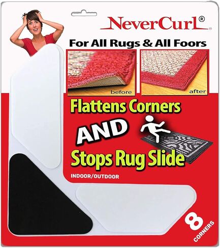NeverCurl 4pk Rug Corner Grippers - Instantly Flattens Rug Corners to Hold Rug Down, Stiff Layer Prevent Curling, Renewable Carpet Gripper Sticky Gel, Easy Lift Design to Clean Under Rugs in Kuwait
