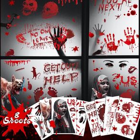 8 Sheets Scary Halloween Decorations Spooky Halloween Window Clings for Glass Windows Bloody Handprint Footprints Floor Clings for Halloween Wall Decal Scary Halloween Decoration Window Stickers in Saudi Arabia