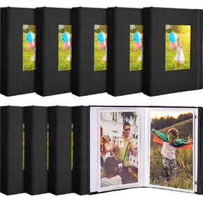 10 Pieces Small Photo Album 4 x 6 Inch Picture Album 26 Clear Pages Hold 52 Pictures Linen Cover Photo Album Book with Front Window (Black)
