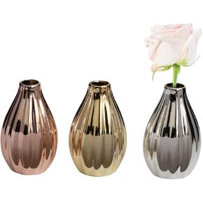Royal Imports Ceramic Bud Vase, Small Single Stem Flower or Rose Centerpiece, Mini Decorative Floral Holder, Rustic Farmhouse Home Decor, Kitchen, Fireplace, Shelf - Gold, Silver, Rose - Set of 3