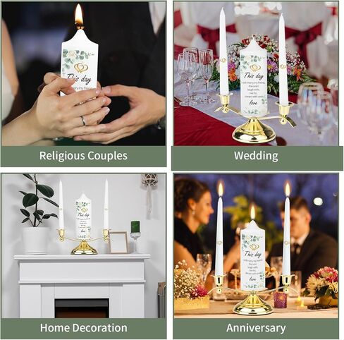 مجموعة 3 شموع زهرية موحدة لحفلات الزفاف مع حامل شموع ذهبي مثالي، تناسب الشموع البيضاء المستدقة، هدايا المناسبات الكبيرة لذكرى الزفاف الدينية للزوجين in Kuwait