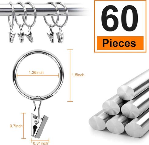 حلقات مشابك ستائر معدنية مطلية بالنيكل 60 قطعة من كيسمي، (1.25 بوصة، فضي) in Kuwait