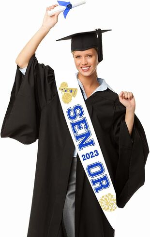 6 عبوات من وشاح كبار السن 2023 باللون الأبيض لكبار السن 2023 من الساتان مع حروف لامعة ذهبية زرقاء وأوشحة منافسة لفئة التشجيع العليا لاحتفال المشجعات 2023 لوازم حفلات العودة إلى المدرسة وحفلات العودة للوطن in Saudi Arabia