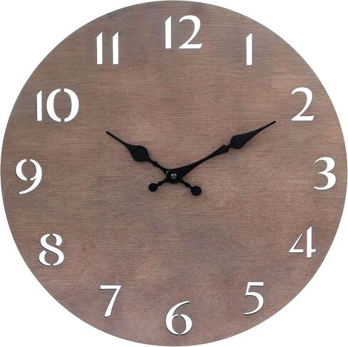 Stonebriar Modern Natural Wood 14 Inch Round Hanging Wall Clock with Cut Out Numbers, Battery Operated, Dark Brown in Saudi Arabia
