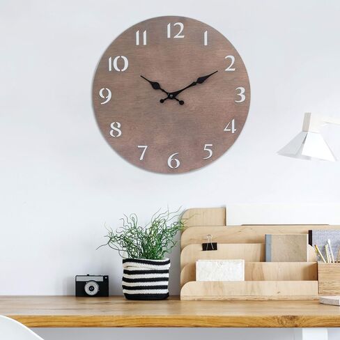 Stonebriar Modern Natural Wood 14 Inch Round Hanging Wall Clock with Cut Out Numbers, Battery Operated, Dark Brown in Saudi Arabia