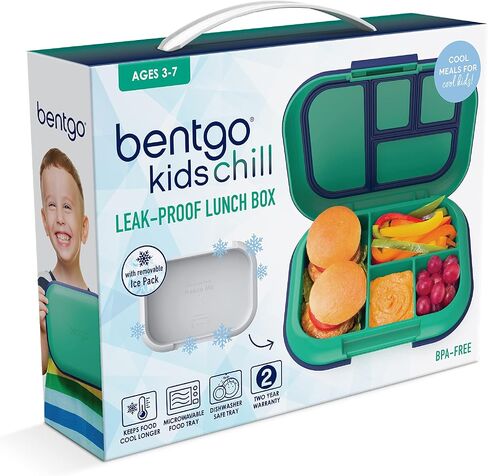 صندوق غداء Bentgo® Kids Chill - صندوق بينتو مانع للتسرب مع علبة ثلج قابلة للإزالة و4 أقسام للوجبات أثناء التنقل - آمن للاستخدام في الميكروويف وغسالة الأطباق، تصميم حاصل على براءة اختراع، ضمان لمدة عامين (أخضر/كحلي) in Kuwait