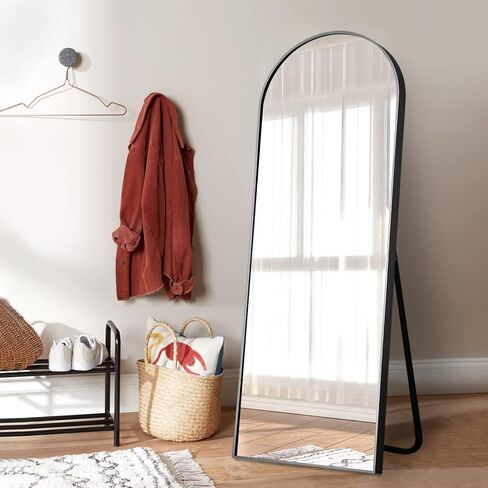 NeuType 65"x22" Large Arched Full Length Floor Mirror with Stand, Bedroom Mirror Standing or Leaning Against Wall Aluminum Alloy Frame Dressing Mirror, Black in Kuwait