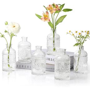 ComSaf Glass Bud Vases Set of 6, Small Clear Bud Vases in Bulk, Mini Vintage Decorative Bottles, Modern Floral Centerpiece for Flowers, Wedding Recepetion, Home Decor, Housewarming Gift (Amber)