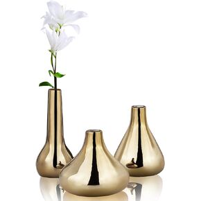 Brass Vases (Set of 3) by Port&Petal – Small Bud Vases 3.5-5" Tall with Reflective Finish | Brass Home Decor, Brass Accent for Living Room, Brass Table Decor, Wedding Table Centerpiece Decoration