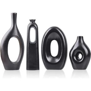 Black Ceramic Vase Set of 4 - Round Hollow Boho Vases for Pampas Grass and Flowers Decor, Modern Minimalist Small Vases for Living Room, Bedroom, Fireplace, Coffee Table Decor, and Centerpieces