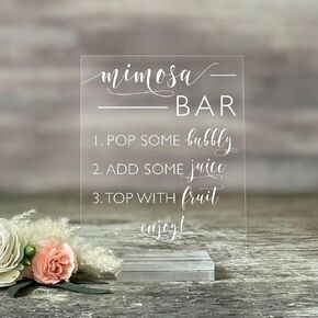 علامة زفاف أكريليك: علامة دش الزفاف من Mimosa Bar - علامة أكريليك شفافة مع حامل - علامة شريط Mimosa، علامة مشروب مجانية، زخارف زفاف ريفية، ديكورات الاستقبال (5X7، حامل أكريليك شفاف) in Kuwait