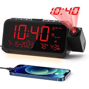 ROCAM Projection Alarm Clock for Bedroom, Digital Clock with Projector on Ceiling Wall, Projection Clock with 5-Level Dimmer, Dual Alarm with Weekend/Weekday Mode, Snooze, Temp, Night Light, USB Ports