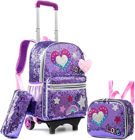 Meetbelify Girls Rolling Backpack الترتر حقائب الظهر المتدحرجة مع عجلات للفتيات لمرحلة ما قبل المدرسة الابتدائية لطيف الباندا الأسطوانة الأمتعة مع صندوق الغداء للفتيات 6-12 in Kuwait