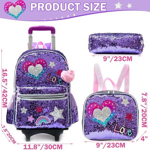 Meetbelify Girls Rolling Backpack الترتر حقائب الظهر المتدحرجة مع عجلات للفتيات لمرحلة ما قبل المدرسة الابتدائية لطيف الباندا الأسطوانة الأمتعة مع صندوق الغداء للفتيات 6-12 in Kuwait