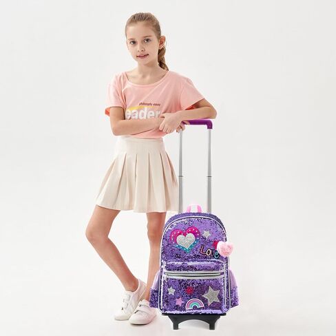 Meetbelify Girls Rolling Backpack الترتر حقائب الظهر المتدحرجة مع عجلات للفتيات لمرحلة ما قبل المدرسة الابتدائية لطيف الباندا الأسطوانة الأمتعة مع صندوق الغداء للفتيات 6-12 in Kuwait