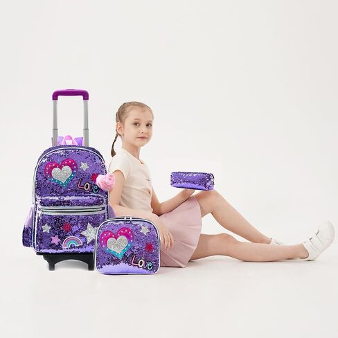 Meetbelify Girls Rolling Backpack الترتر حقائب الظهر المتدحرجة مع عجلات للفتيات لمرحلة ما قبل المدرسة الابتدائية لطيف الباندا الأسطوانة الأمتعة مع صندوق الغداء للفتيات 6-12 in Kuwait
