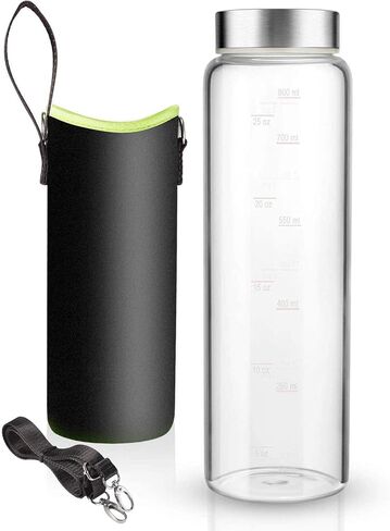 Sursip 32 oz Glass Water Bottle - Nylon Bottle Protection Sleeves, Bamboo Lid, And 1L Time Marked Measurements, Reusable, Eco-Friendly, Safe for Hot Liquids Tea Coffee Daily in Kuwait