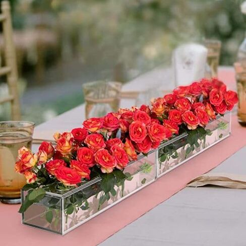 DECORPIA Premium Large 2 قطعة (إجمالي 32 بوصة) قطعة مركزية فاخرة مستطيلة من الزهور لطاولة الطعام - مزهرية زهور أكريليك طويلة مزهرية شفافة مستطيلة - مزهرية أكريليك - مزهريات زهور للقطع المركزية in Kuwait