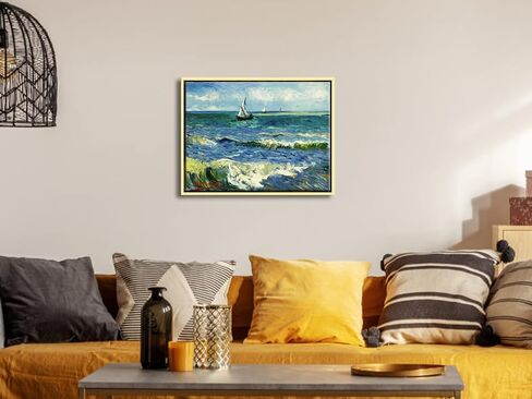 Wieco Art مطبوعات قماشية كبيرة جدًا بإطار أسود، مناظر بحرية في سينتس ماريز بواسطة فنسنت فان جوخ، صور بحرية حديثة على القماش لتزيين المنزل في غرفة المعيشة in Kuwait