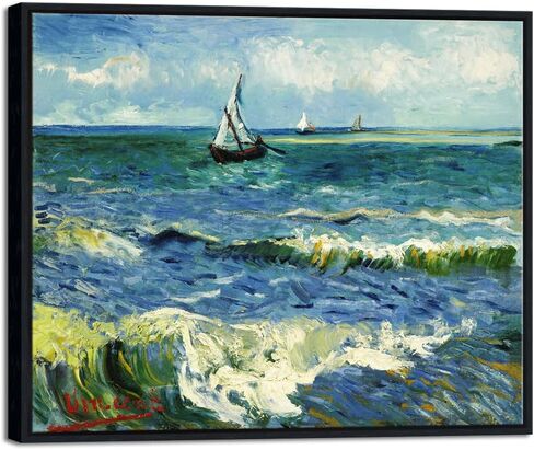 Wieco Art Framed Wall Art Canvas Prints Seascape at Saintes Maries by Vincent Van Gogh Modern Giclee Canvas Prints Sea Pictures on Canvas Wall Art for Living Room Home Decorations Black Frame in Kuwait