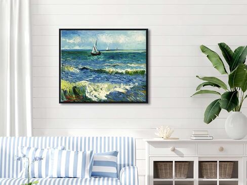 Wieco Art Framed Wall Art Canvas Prints Seascape at Saintes Maries by Vincent Van Gogh Modern Giclee Canvas Prints Sea Pictures on Canvas Wall Art for Living Room Home Decorations Black Frame in Kuwait