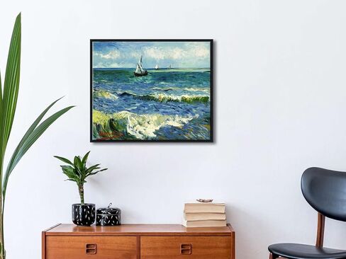 Wieco Art Framed Wall Art Canvas Prints Seascape at Saintes Maries by Vincent Van Gogh Modern Giclee Canvas Prints Sea Pictures on Canvas Wall Art for Living Room Home Decorations Black Frame in Kuwait