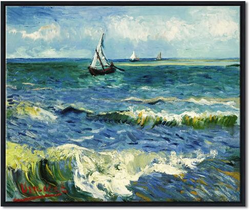 Wieco Art Framed Wall Art Canvas Prints Seascape at Saintes Maries by Vincent Van Gogh Modern Giclee Canvas Prints Sea Pictures on Canvas Wall Art for Living Room Home Decorations Black Frame in Kuwait